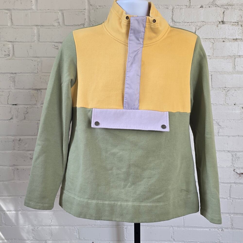 L.L. Bean Signature Colorblock Snap Mock Neck Pullover Green Yellow Size Small